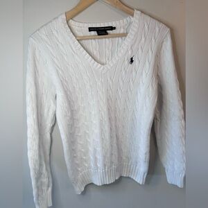Ralph Lauren Sport Womens White Cable Knit Sweater Medium V-Neck Long Sleeve.